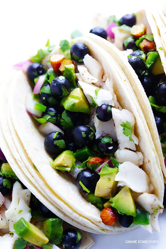 Fish Tacos with Blueberry-Almond Salsa -- perfectly sweet and savory, naturally gluten-free, and SO GOOD! | gimmesomeoven.com