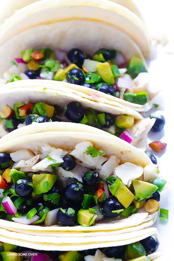 Fish Tacos with Blueberry-Almond Salsa -- perfectly sweet and savory, naturally gluten-free, and SO GOOD! | gimmesomeoven.com