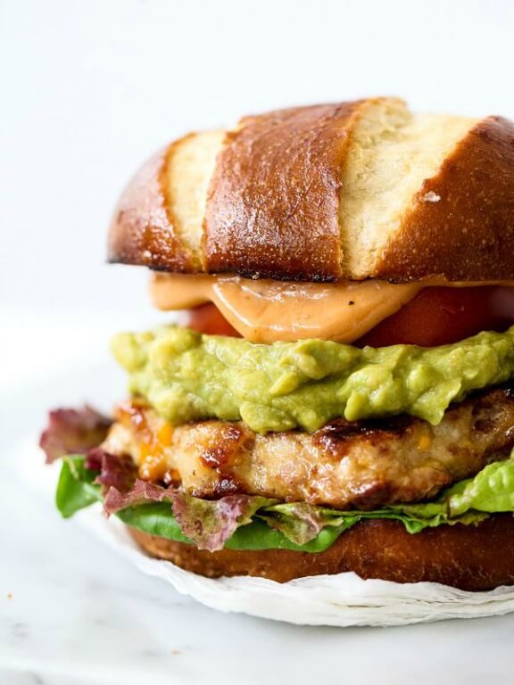 Bacon Cheddar Chicken Burgers with Guacamole and BBQ Mayo | foodiecrush.com