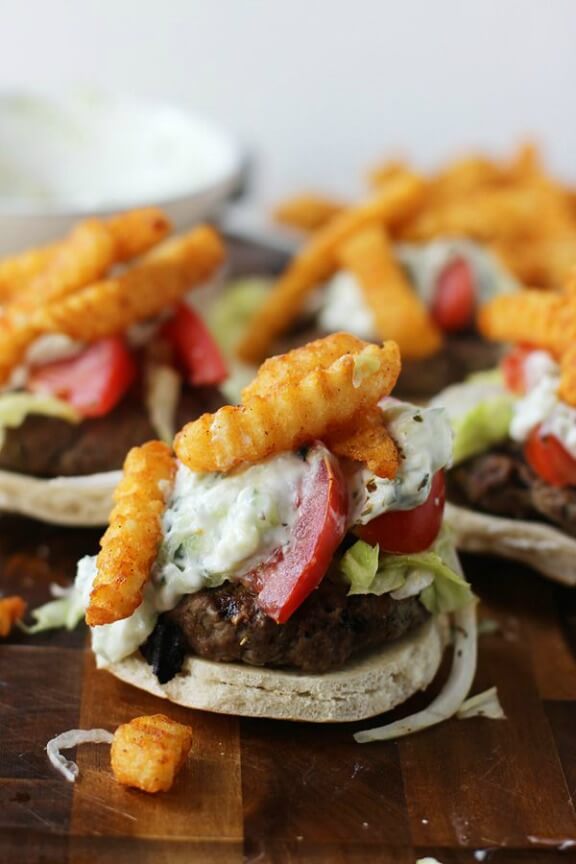 Gyro Burgers with Homemade Tzatziki and Seasoned French Fries | cookingforkeeps.com