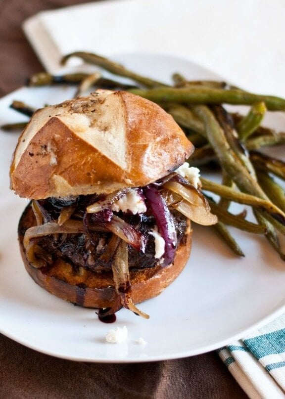 Red Wine Burgers with Caramelized Onions and Goat Cheese | neighborfoodblog.com