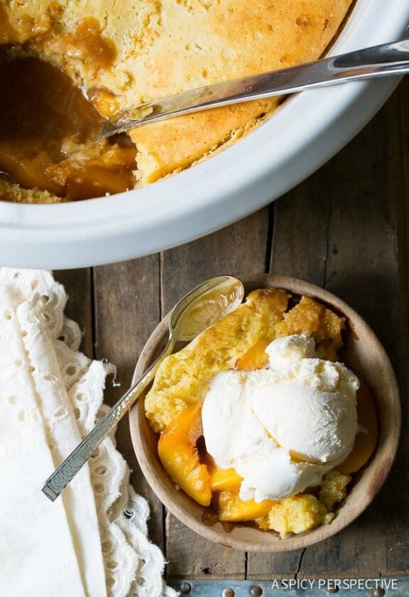 Slow Cooker Peach Cobbler | aspicyperspective.com