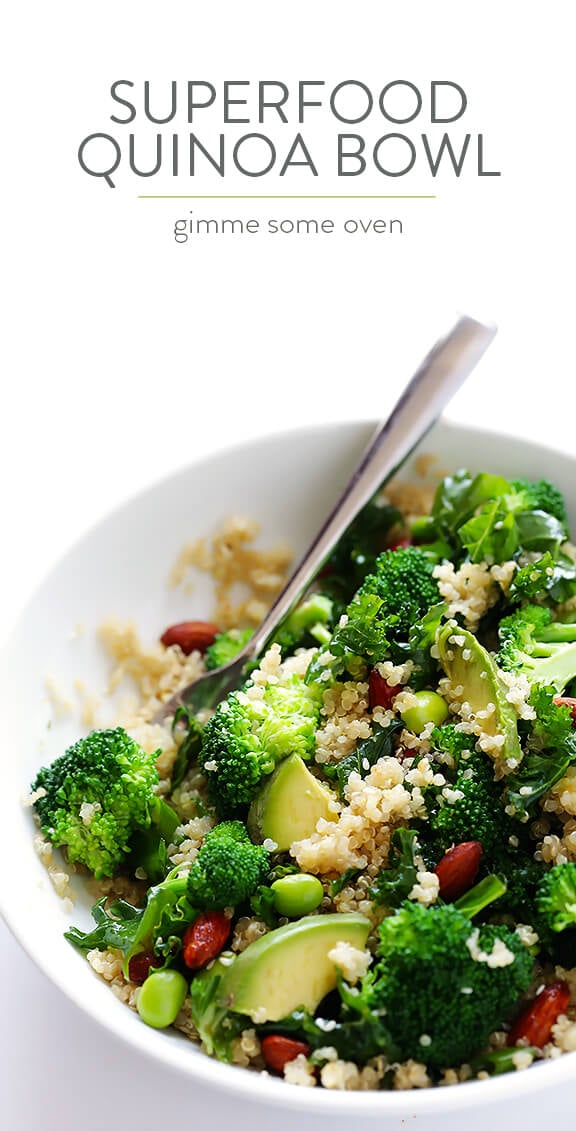 Easy Superfood Quinoa Bowl -- full of delicious superfoods, and topped with almonds and a sesame vinaigrette | gimmesomeoven.com