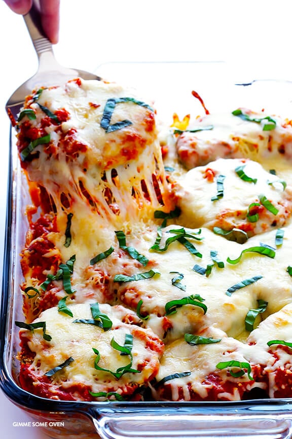 Baked Eggplant Parmesan -- no frying required for this crispy and absolutely delicious comfort food! | gimmesomeoven.com
