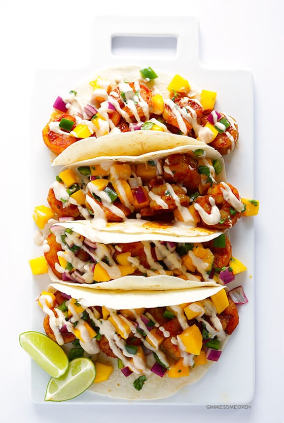 Easy Mango Shrimp Tacos -- absolutely delicious, and ready to go in about 20 minutes! | gimmesomeoven.com