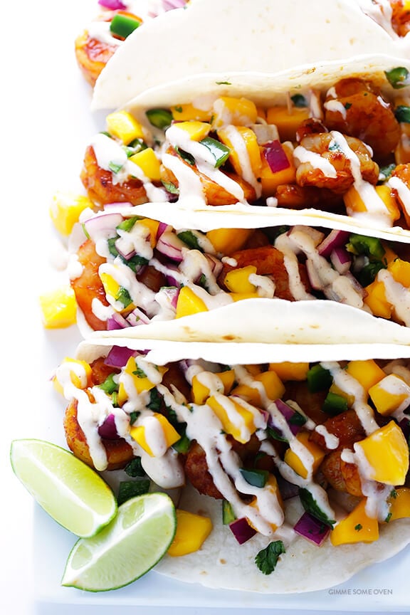 Easy Mango Shrimp Tacos -- absolutely delicious, and ready to go in about 20 minutes! | gimmesomeoven.com