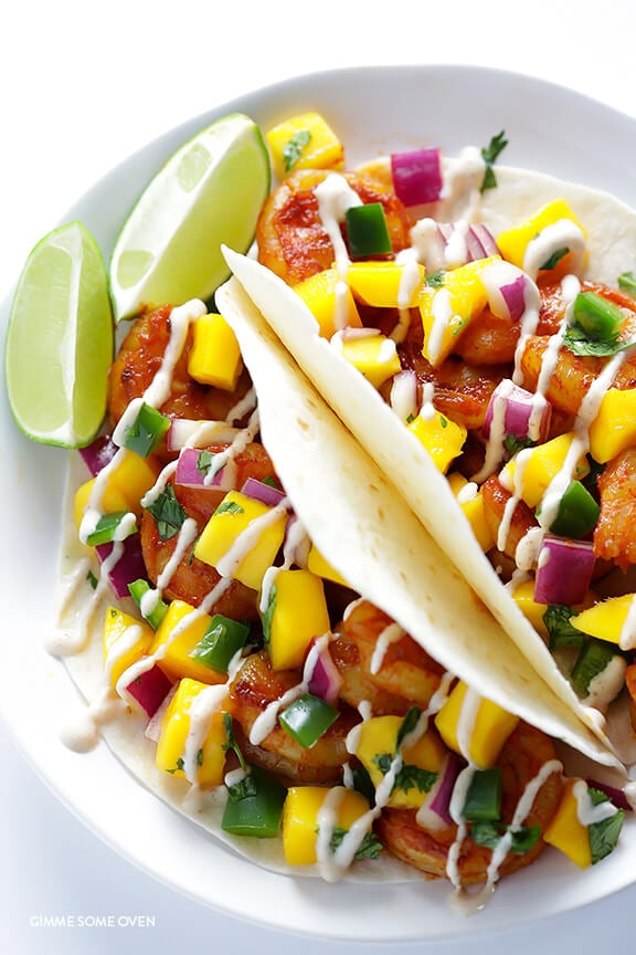 Easy Mango Shrimp Tacos -- absolutely delicious, and ready to go in about 20 minutes! | gimmesomeoven.com