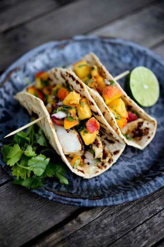 Chipotle Fish Tacos with Peach Salsa | feastingathome.com