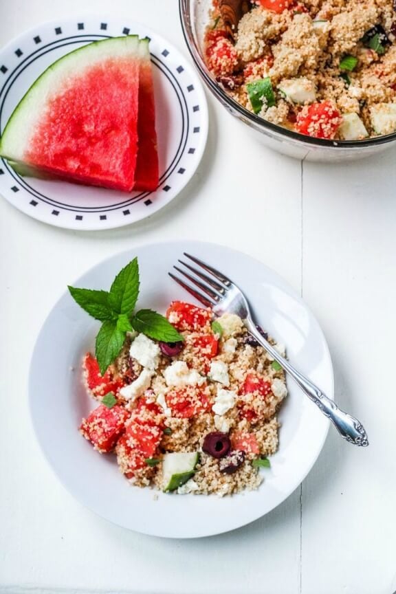 Greek Couscous Salad with Watermelon and Feta | katieatthekitchendoor.com