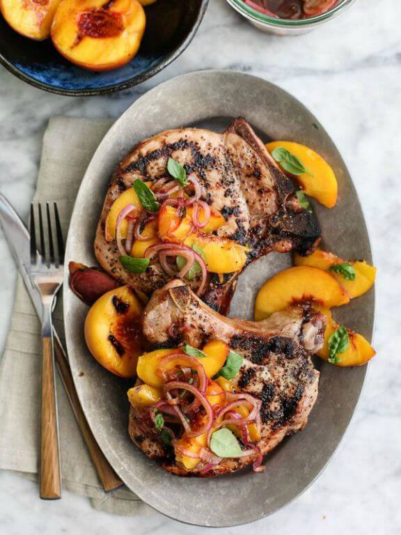 Grilled Pork Chops with Spicy Balsamic Grilled Peaches | foodiecrush.com