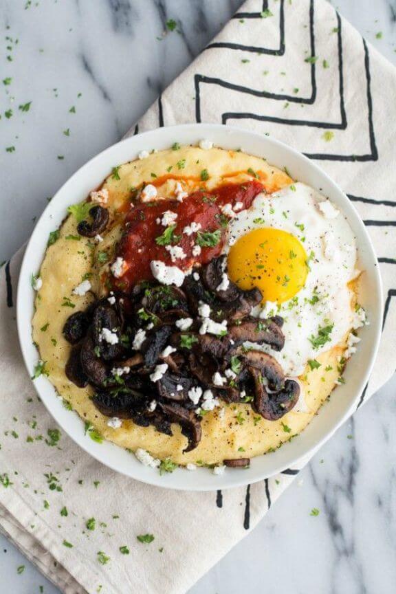 Polenta with Caramelized Mushrooms, Marinara + Fried Eggs and Goat Cheese | halfbakedharvest.com