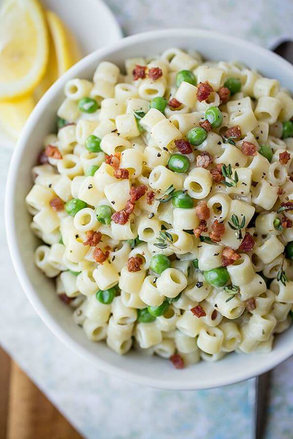 Summer Macaroni Salad with Crispy Pancetta and Petite Peas in a Bright & Creamy Lemon-Thyme Dressing | thecozyapron.com