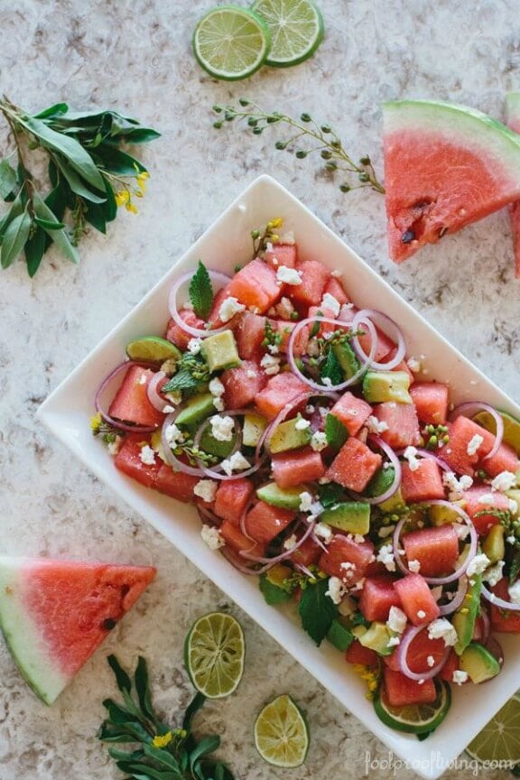 Watermelon, Avocado and Mint Salad with Feta Cheese | foolproofliving.com