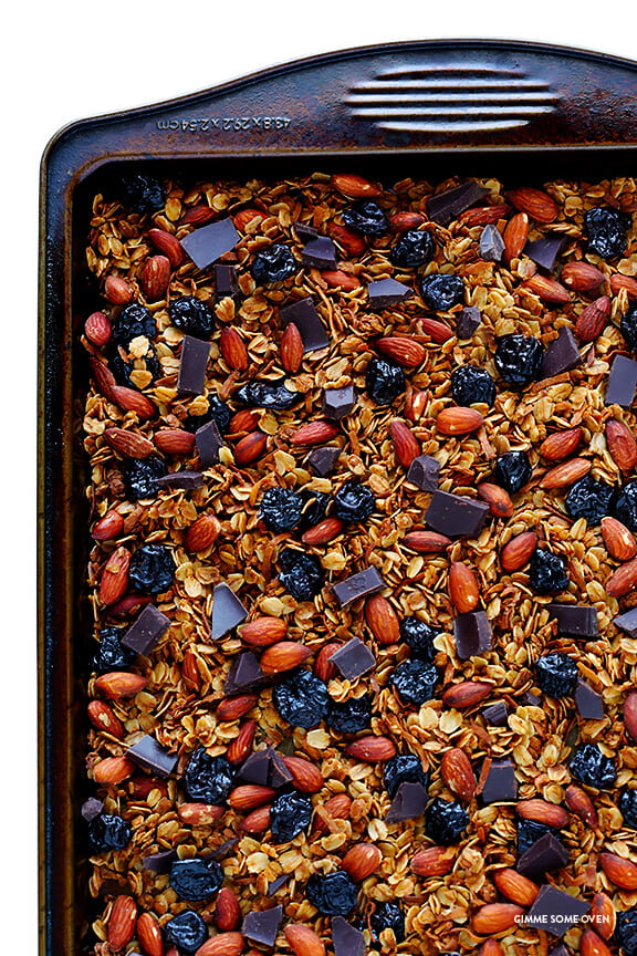 Dark Chocolate Cherry Granola -- easy to make, full of protein, and such a treat! | gimmesomeoven.com