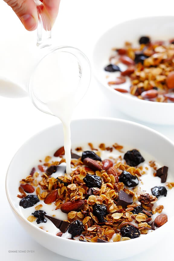 Dark Chocolate Cherry Granola -- easy to make, full of protein, and such a treat! | gimmesomeoven.com