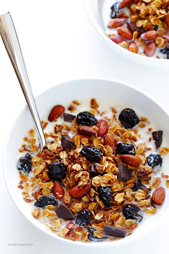 Dark Chocolate Cherry Granola -- easy to make, full of protein, and such a treat! | gimmesomeoven.com