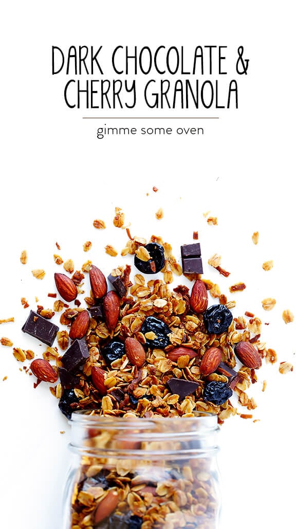 Dark Chocolate Cherry Granola -- easy to make, full of protein, and such a treat! | gimmesomeoven.com