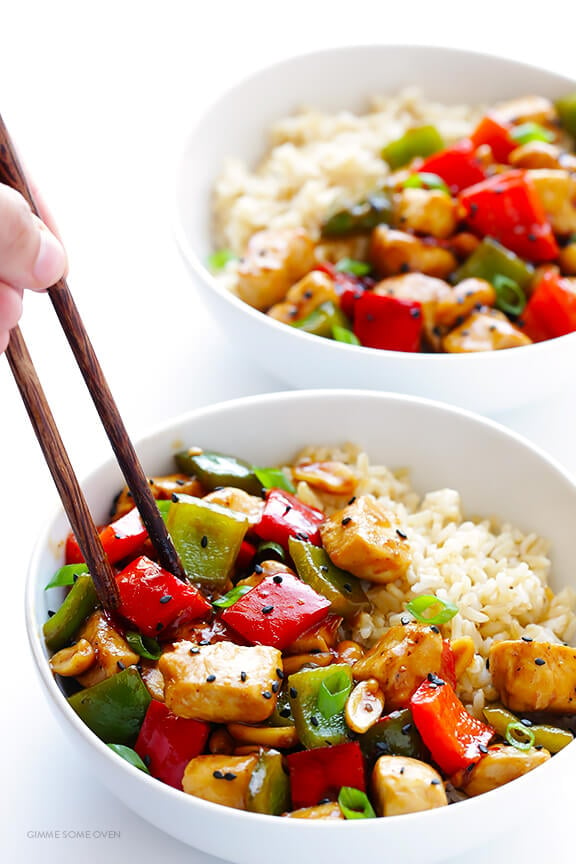 Kung Pao Chicken -- quick and easy to make homemade, plus this version is naturally sweetened with honey | gimmesomeoven.com