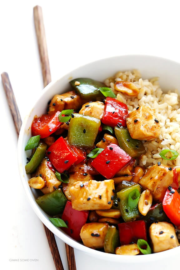 Kung Pao Chicken -- quick and easy to make homemade, plus this version is naturally sweetened with honey | gimmesomeoven.com