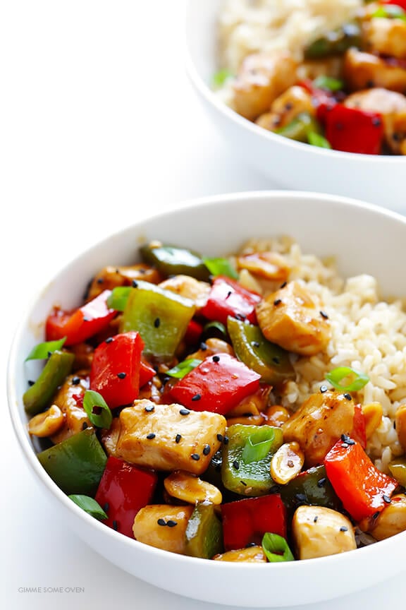 Kung Pao Chicken -- quick and easy to make homemade, plus this version is naturally sweetened with honey | gimmesomeoven.com