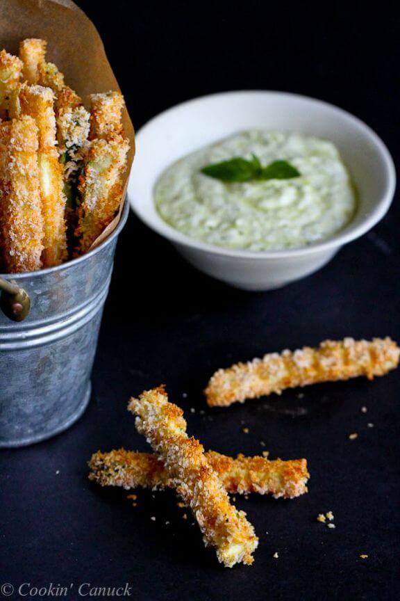 Baked Zucchini Fries with Pesto Yogurt Dipping Sauce | cookincanuck.com