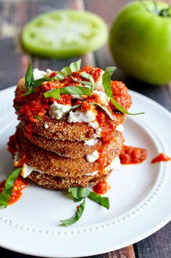 Fried Green Tomatoes with Goat Cheese and Roasted Red Pepper Vinaigrette |hostthetoast.com