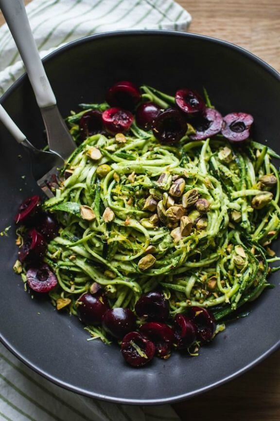 Pistachio Kale Pesto with Zucchini Noodles + Cherries | edibleperspective.com