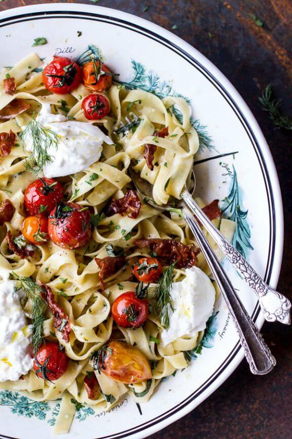 Garlic and Herb Roasted Cherry Tomato Carbonara with Crispy Prosciutto and Burrata | halfbakedharvest.com