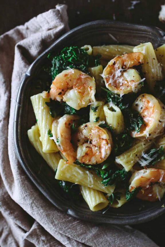 Roasted Shrimp and Kale Rigatoni with Lemon Ricotta Sauce | foolproofliving.com