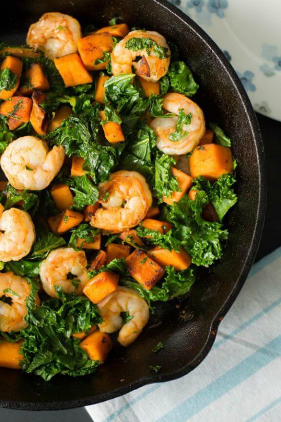 Sweet Potato, Kale and Shrimp Skillet | primaverakitchen.com