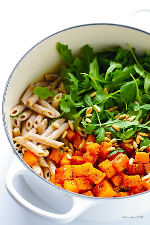 5-Ingredient Butternut Squash, Arugula and Goat Cheese Pasta Recipe | gimmesomeoven.com