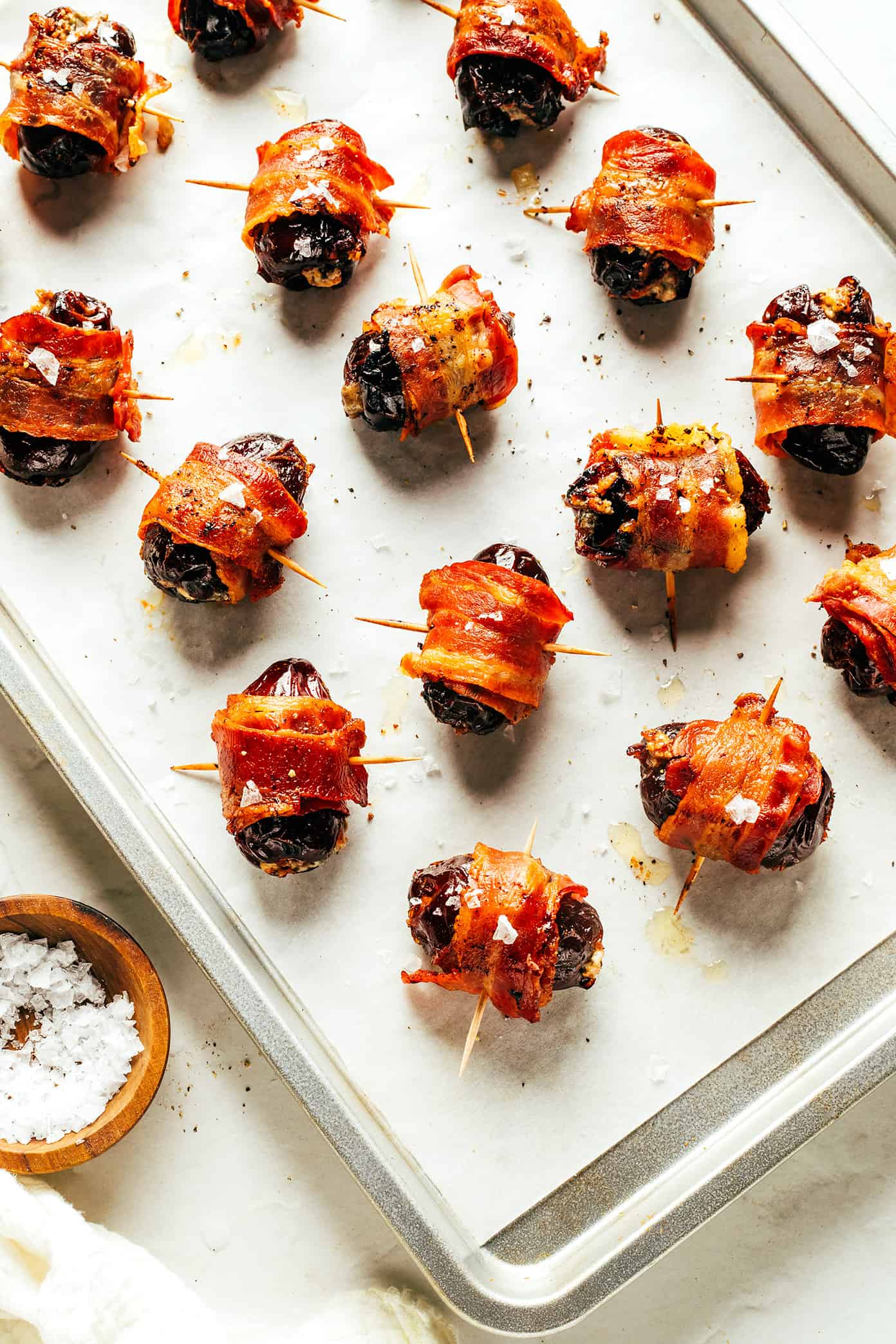 Bacon Wrapped Dates with Blue Cheese on Sheet Pan