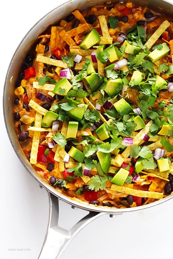 Easy Chicken Enchilada Skillet -- ready to go in about 20 minutes, and seriously good! | gimmesomeoven.com