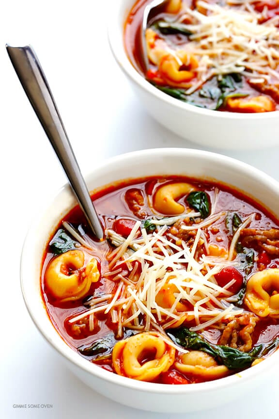 Tortellini Soup with Italian Sausage, Spinach and Tomatoes -- quick and easy to make, and full of the most comforting flavors! | gimmesomeoven.com