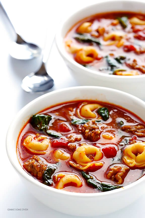 Tortellini Soup with Italian Sausage, Spinach and Tomatoes -- quick and easy to make, and full of the most comforting flavors! | gimmesomeoven.com