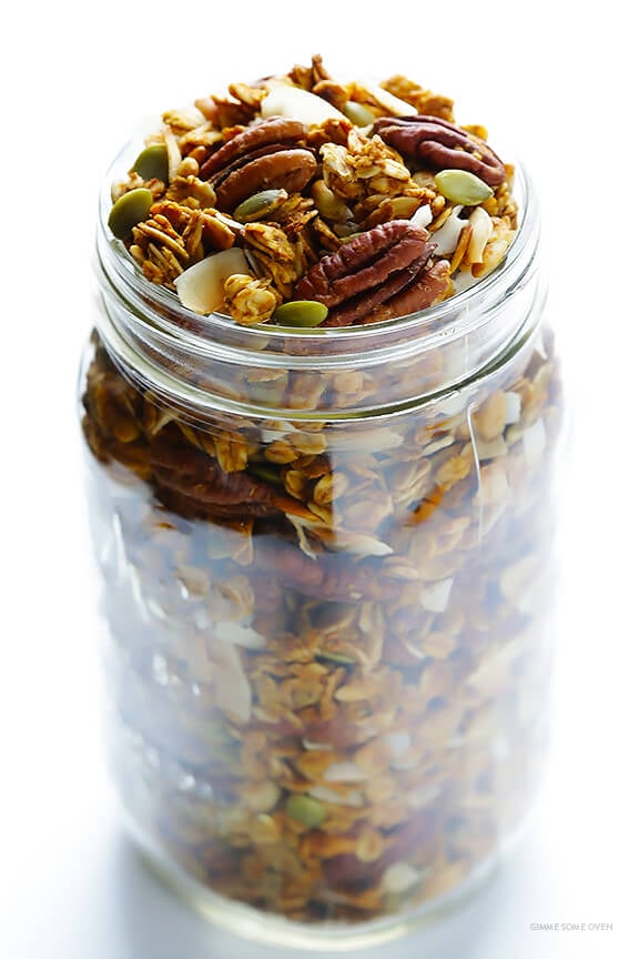 Pumpkin Spice Granola Recipe -- easy to make, sweetened with maple syrup, and wonderfully delicious | gimmesomeoven.com