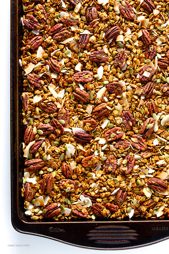 Pumpkin Spice Granola Recipe -- easy to make, sweetened with maple syrup, and wonderfully delicious | gimmesomeoven.com