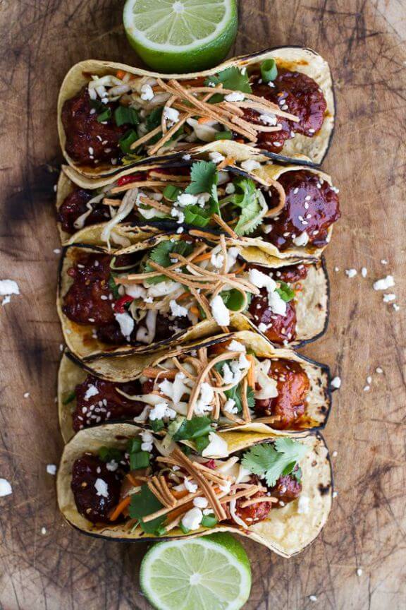 Korean Fried Chicken Tacos with Sweet Slaw, Crunchy Noodles + Queso Fresco | halfbakedharvest.com