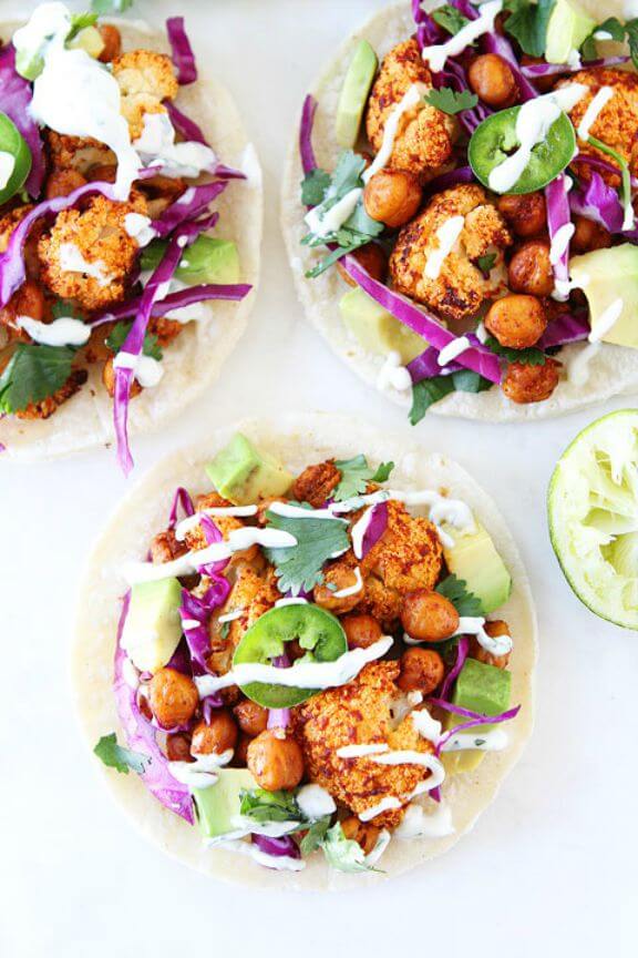 Roasted Cauliflower and Chickpea Tacos | twopeasandtheirpod.com