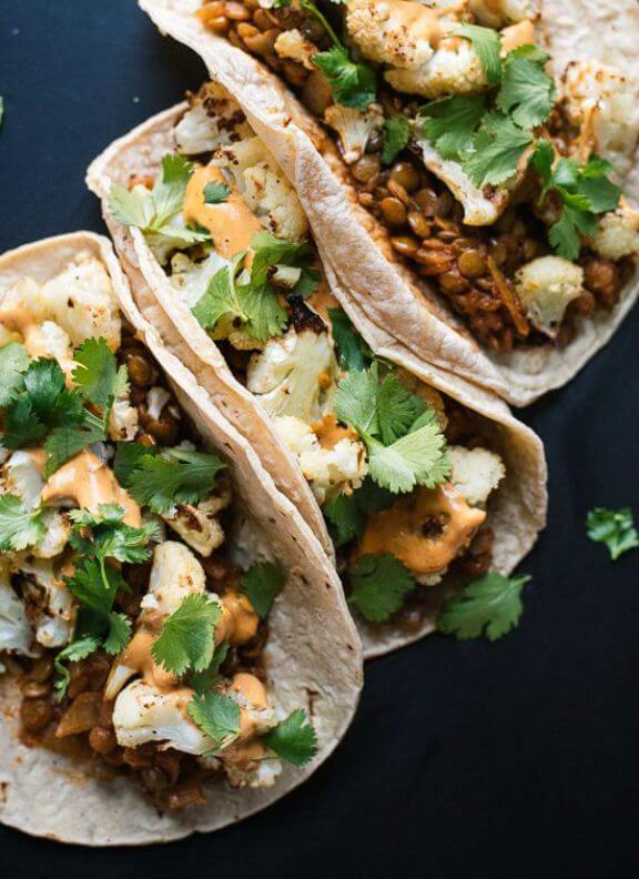 Roasted Cauliflower and Lentil Tacos with Creamy Chipotle Sauce | cookieandkate.com