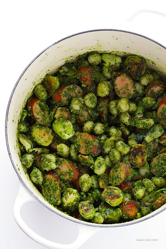 Gnocchi with Brussels Sprouts, Chicken Sausage and Kale Pesto -- quick and easy to make and SO flavorful! | gimmesomeoven.com