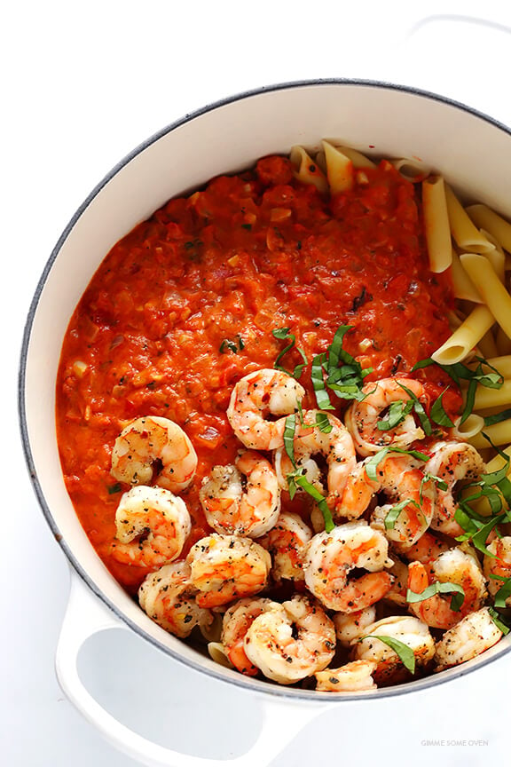 Shrimp Pasta with Creamy Tomato Basil Sauce -- simple to make, and so delicious and comforting | gimmesomeoven.com