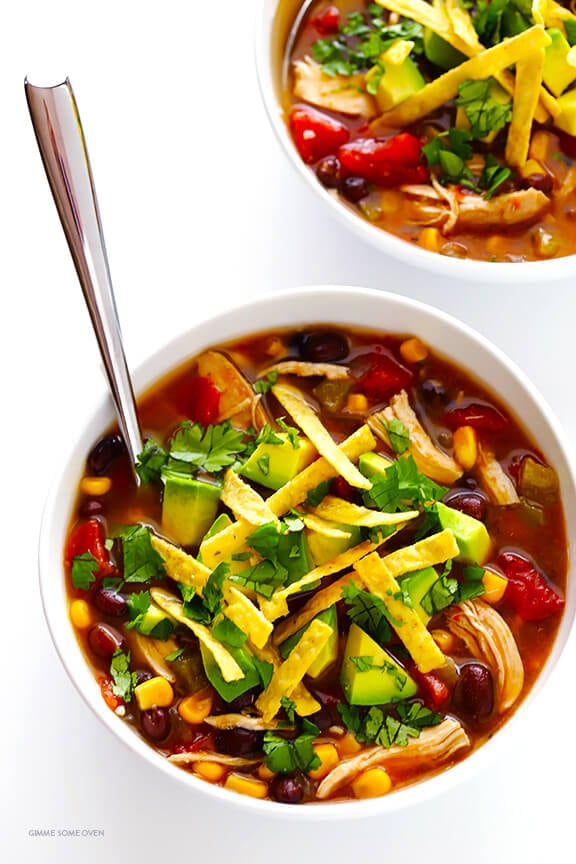 Slow Cooker Chicken Tortilla Soup -- this delicious recipe takes 10 minutes to prep, and then your crock pot does the rest! (It is also naturally gluten-free.) | gimmesomeoven.com