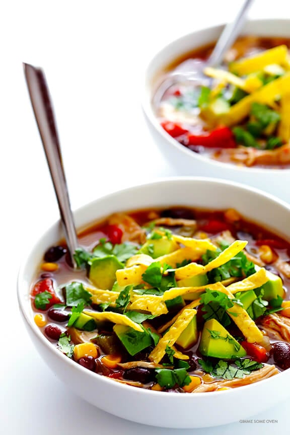 Slow Cooker Chicken Tortilla Soup -- this delicious recipe takes 10 minutes to prep, and then your crock pot does the rest! (It is also naturally gluten-free.) | gimmesomeoven.com