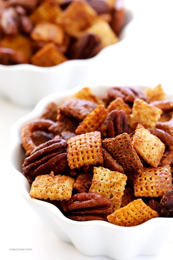 Candied Pecan Chex Mix -- traditional party mix tossed with pecans and a candied coating. So easy to make, and SO GOOD! | gimmesomeoven.com