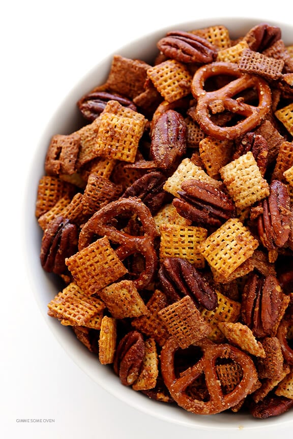 Candied Pecan Chex Mix -- traditional party mix tossed with pecans and a candied coating. So easy to make, and SO GOOD! | gimmesomeoven.com