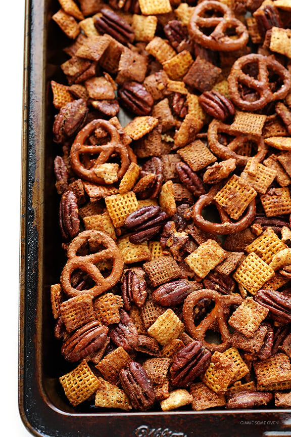 Candied Pecan Chex Mix -- traditional party mix tossed with pecans and a candied coating. So easy to make, and SO GOOD! | gimmesomeoven.com