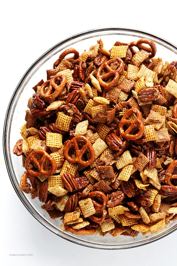 Candied Pecan Chex Mix -- traditional party mix tossed with pecans and a candied coating. So easy to make, and SO GOOD! | gimmesomeoven.com