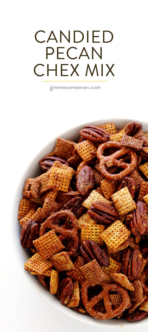 Candied Pecan Chex Mix -- traditional party mix tossed with pecans and a candied coating. So easy to make, and SO GOOD! | gimmesomeoven.com