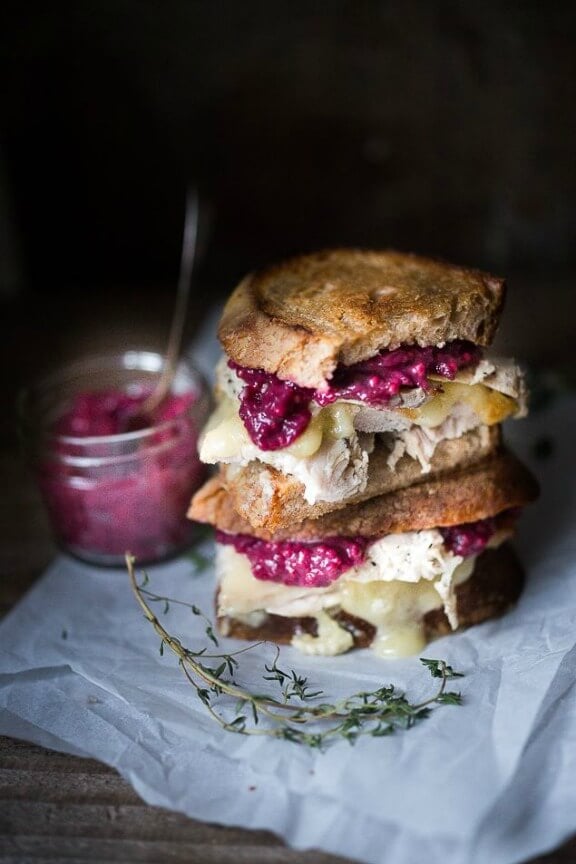 Turkey Brie Grilled Cheese Sandwich with Cranberry Mustard | feastingathome.com